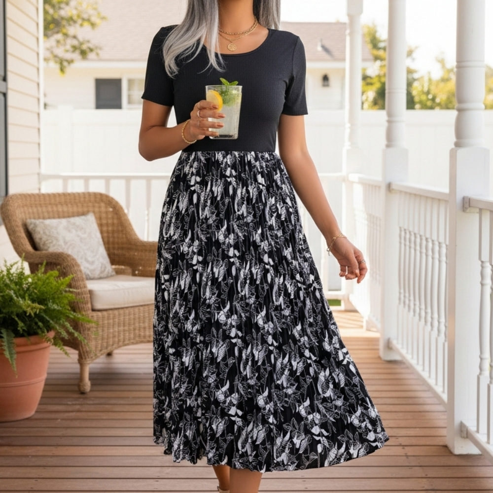 Floral Accordion Pleated Midi Dress Round Neck Short Sleeve Colorblock A-line